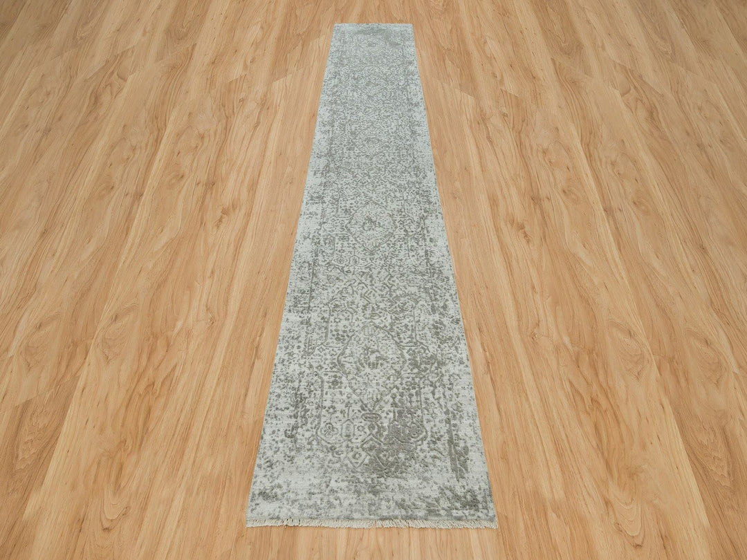 2'6" x 15'10" New Hand Knotted Grey Wool & Silk Runner Oriental Rug - MOA10265890