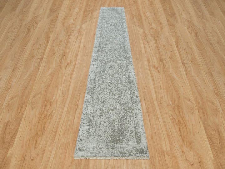 2'6" x 15'10" New Hand Knotted Grey Wool & Silk Runner Oriental Rug - MOA10265890