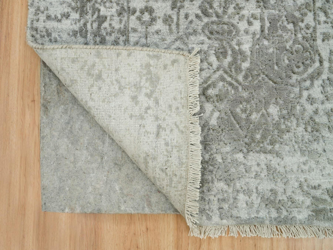 2'6" x 15'10" New Hand Knotted Grey Wool & Silk Runner Oriental Rug - MOA10265890
