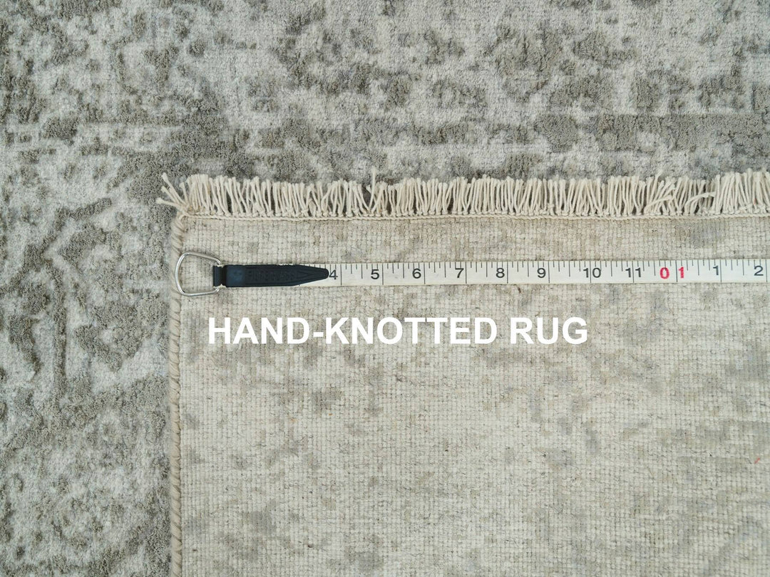 2'6" x 15'10" New Hand Knotted Grey Wool & Silk Runner Oriental Rug - MOA10265890