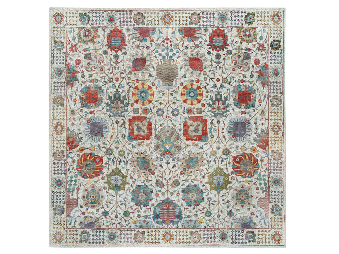 10'1" x 10'2" New Hand Knotted Ivory Wool & Silk Square Oriental Rug - MOA10265899