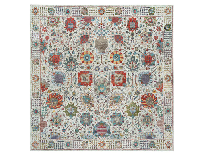 10'1" x 10'2" New Hand Knotted Ivory Wool & Silk Square Oriental Rug - MOA10265899