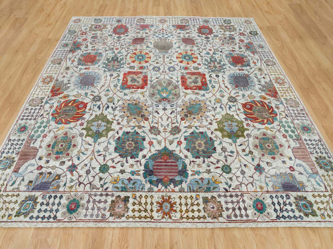 10'1" x 10'2" New Hand Knotted Ivory Wool & Silk Square Oriental Rug - MOA10265899