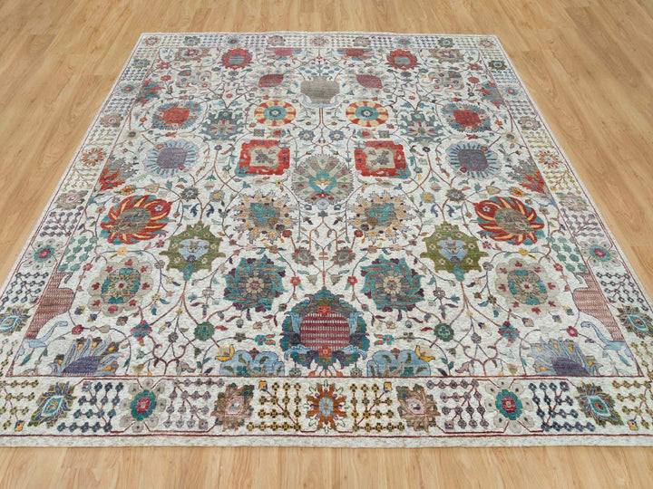 10'1" x 10'2" New Hand Knotted Ivory Wool & Silk Square Oriental Rug - MOA10265899