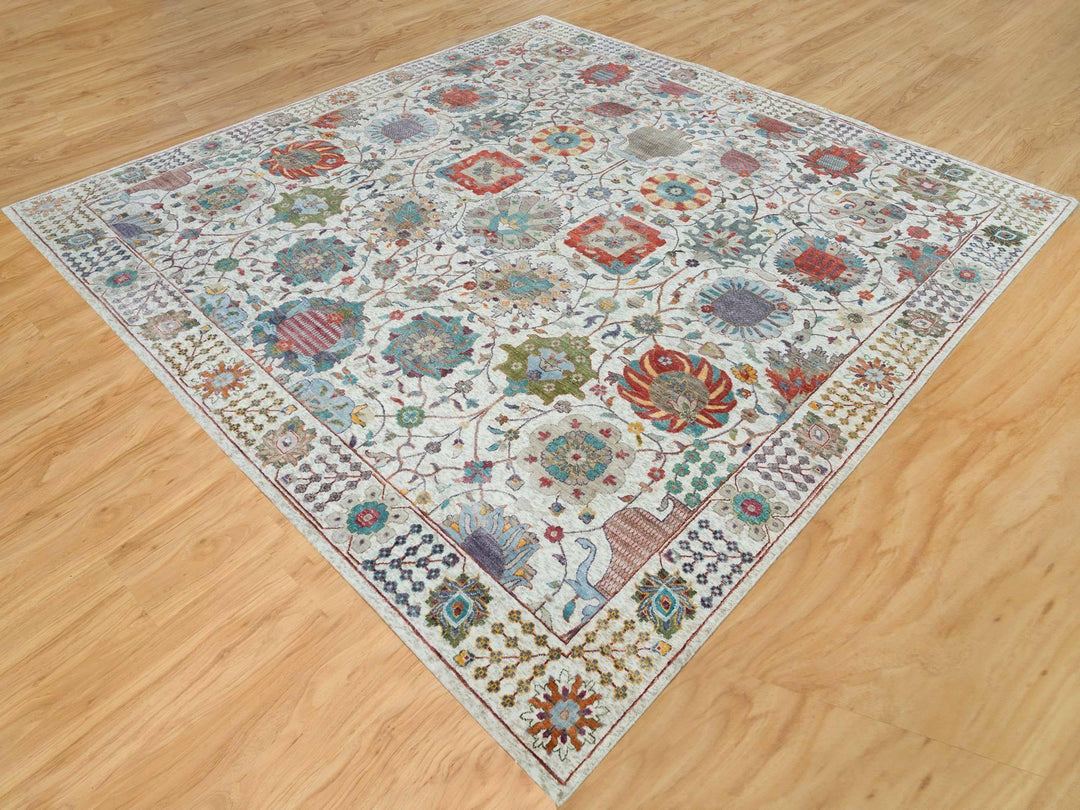 10'1" x 10'2" New Hand Knotted Ivory Wool & Silk Square Oriental Rug - MOA10265899