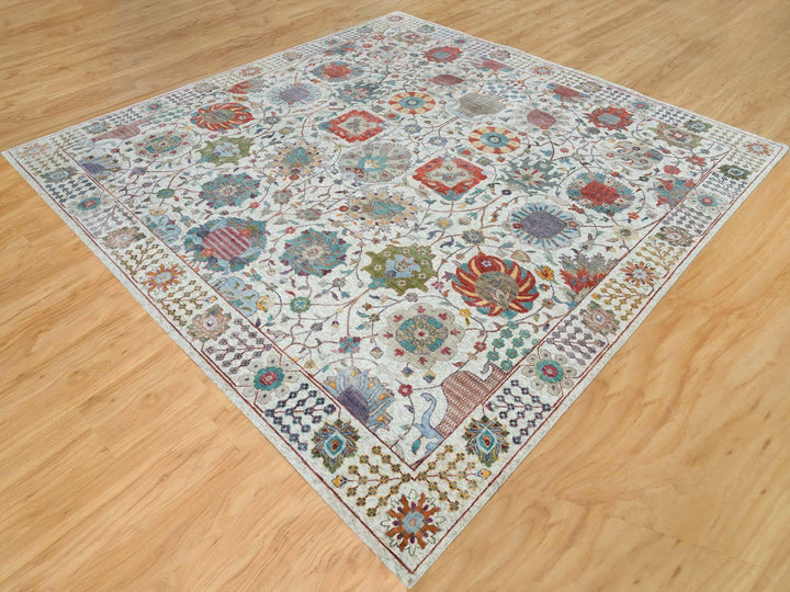 10'1" x 10'2" New Hand Knotted Ivory Wool & Silk Square Oriental Rug - MOA10265899