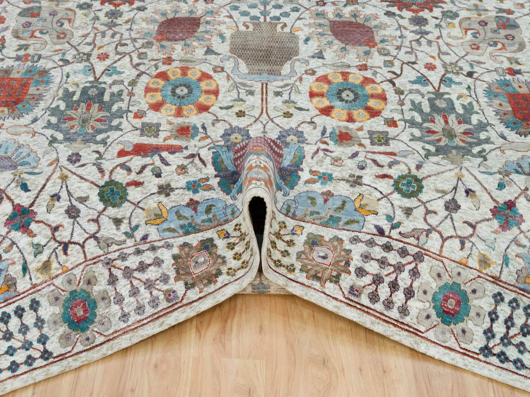 10'1" x 10'2" New Hand Knotted Ivory Wool & Silk Square Oriental Rug - MOA10265899