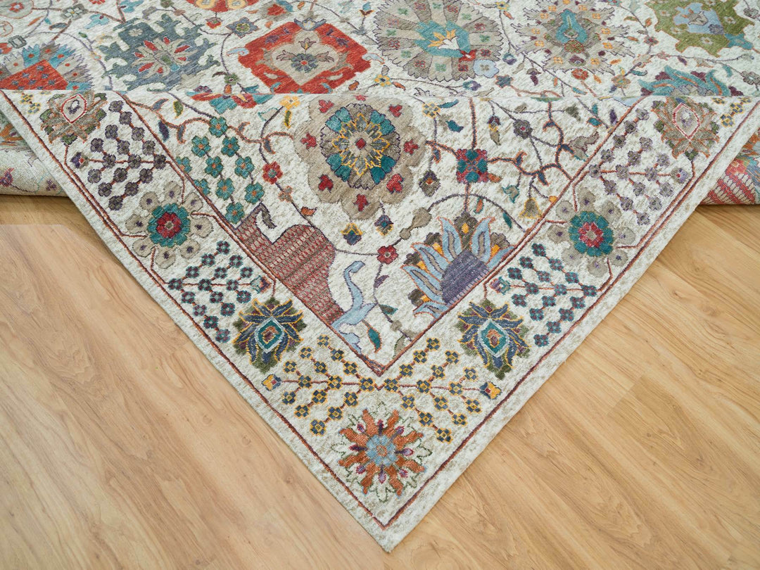 10'1" x 10'2" New Hand Knotted Ivory Wool & Silk Square Oriental Rug - MOA10265899