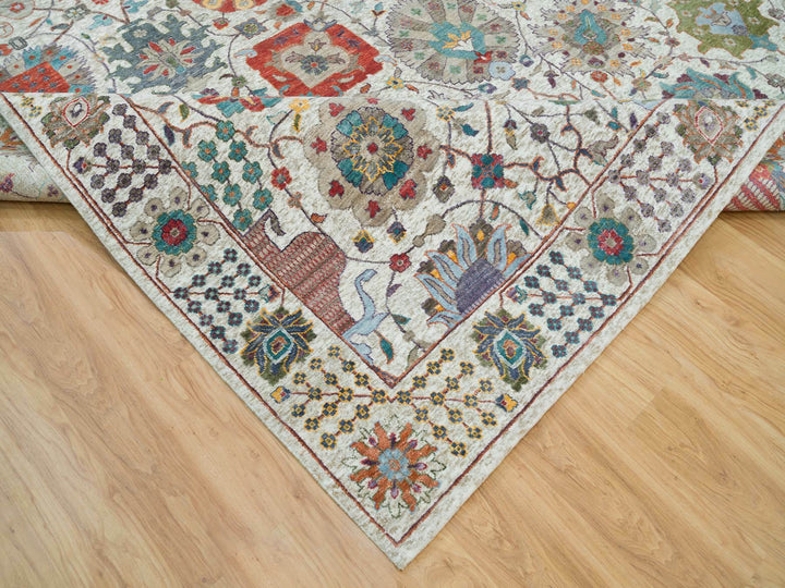 10'1" x 10'2" New Hand Knotted Ivory Wool & Silk Square Oriental Rug - MOA10265899