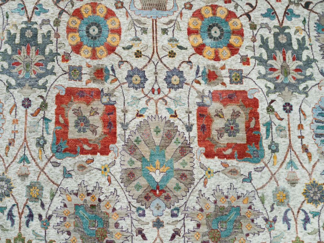 10'1" x 10'2" New Hand Knotted Ivory Wool & Silk Square Oriental Rug - MOA10265899