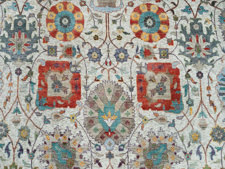 10'1" x 10'2" New Hand Knotted Ivory Wool & Silk Square Oriental Rug - MOA10265899
