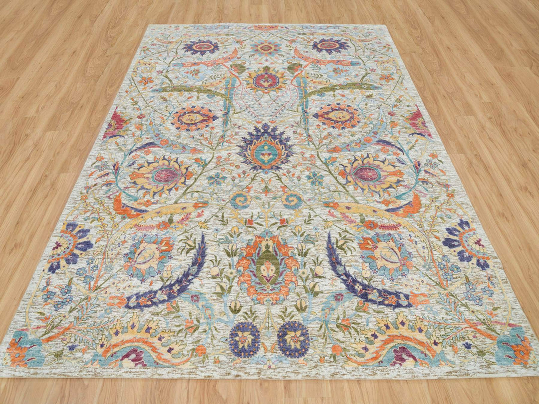 8'0" x 10'4" New Hand Knotted Beige Wool & Silk Rectangle Oriental Rug - MOA10265902