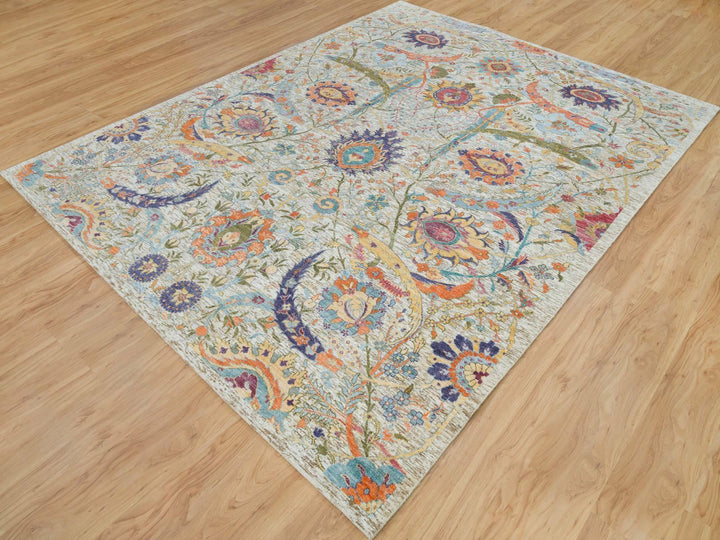 8'0" x 10'4" New Hand Knotted Beige Wool & Silk Rectangle Oriental Rug - MOA10265902