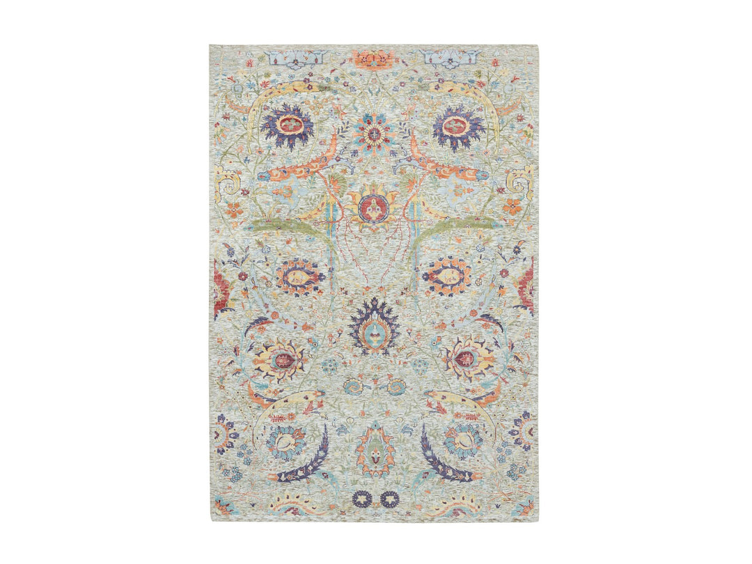 6'3" x 9'3" New Hand Knotted Beige Wool & Silk Rectangle Oriental Rug - MOA10265908