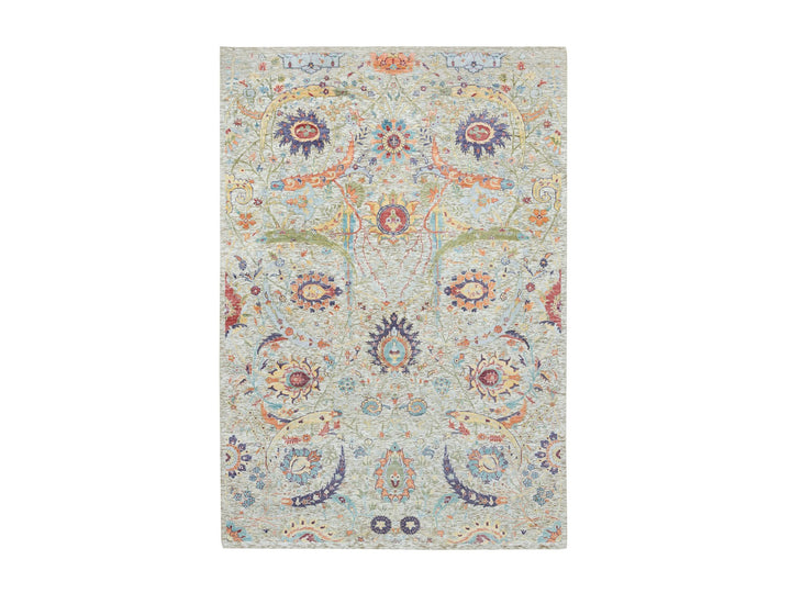 6'3" x 9'3" New Hand Knotted Beige Wool & Silk Rectangle Oriental Rug - MOA10265908