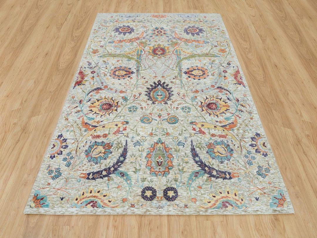 6'3" x 9'3" New Hand Knotted Beige Wool & Silk Rectangle Oriental Rug - MOA10265908