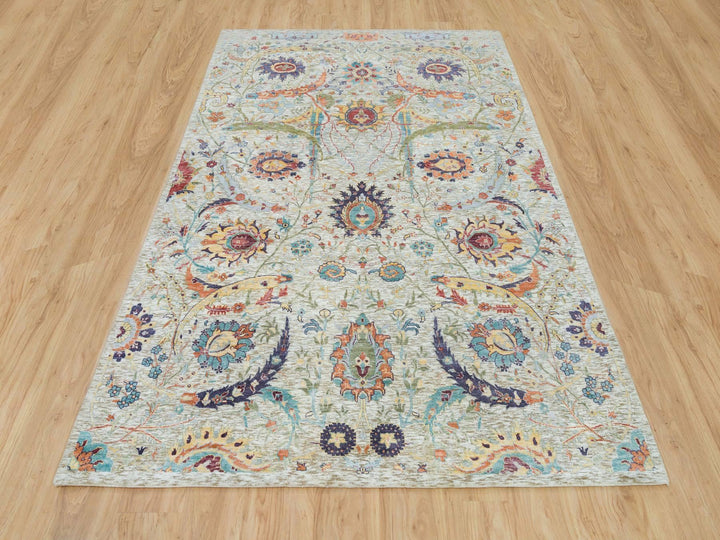6'3" x 9'3" New Hand Knotted Beige Wool & Silk Rectangle Oriental Rug - MOA10265908