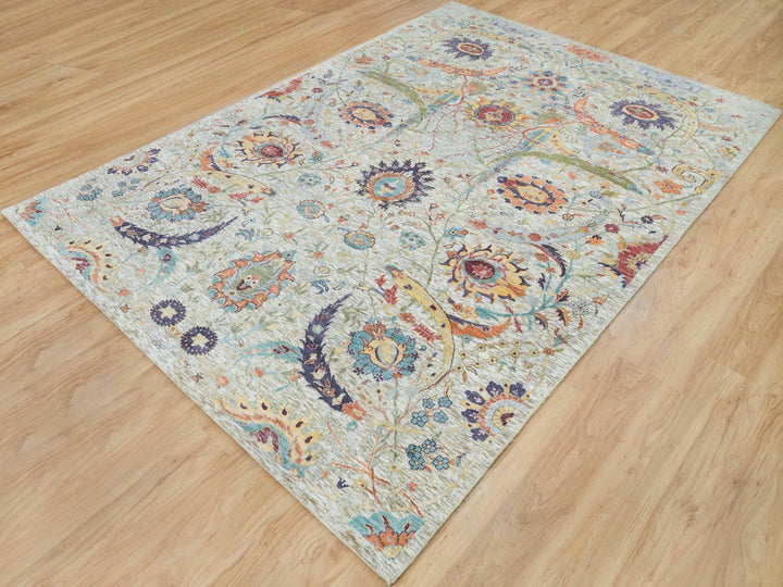 6'3" x 9'3" New Hand Knotted Beige Wool & Silk Rectangle Oriental Rug - MOA10265908