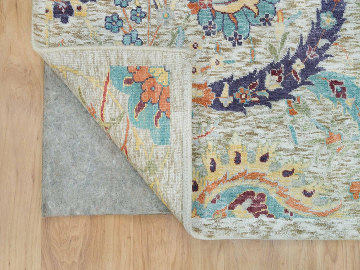 6'3" x 9'3" New Hand Knotted Beige Wool & Silk Rectangle Oriental Rug - MOA10265908