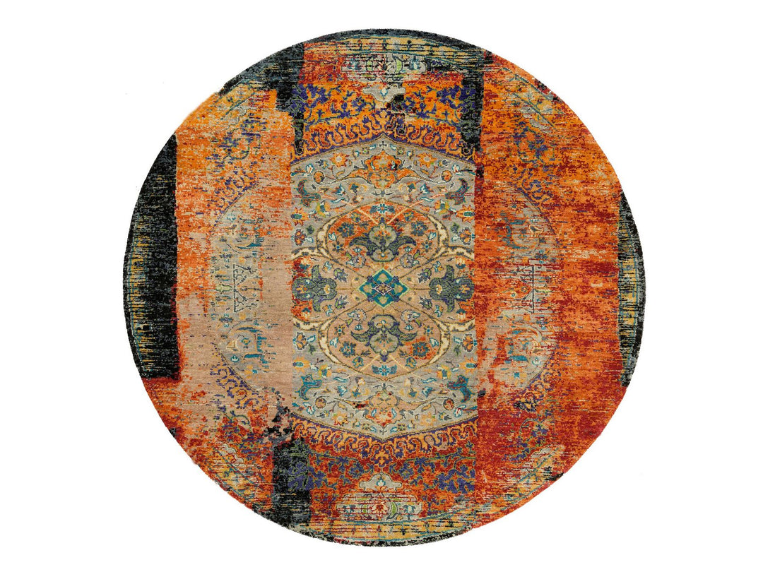 6'1" x 6'1" New Hand Knotted Orange Wool Round Oriental Rug - MOA10265913