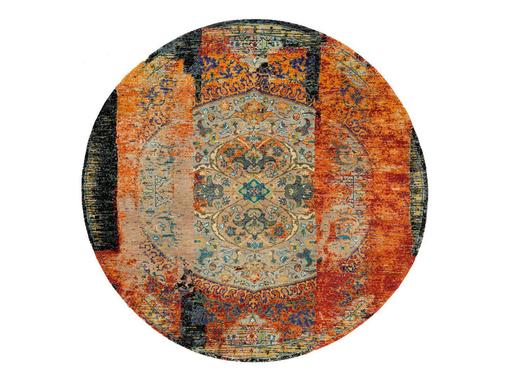 6'1" x 6'1" New Hand Knotted Orange Wool Round Oriental Rug - MOA10265913