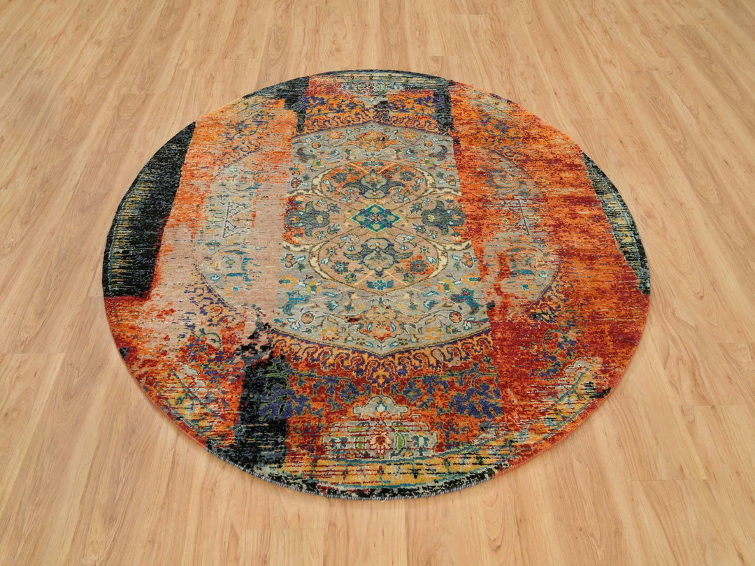 6'1" x 6'1" New Hand Knotted Orange Wool Round Oriental Rug - MOA10265913