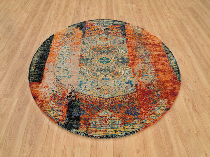 6'1" x 6'1" New Hand Knotted Orange Wool Round Oriental Rug - MOA10265913