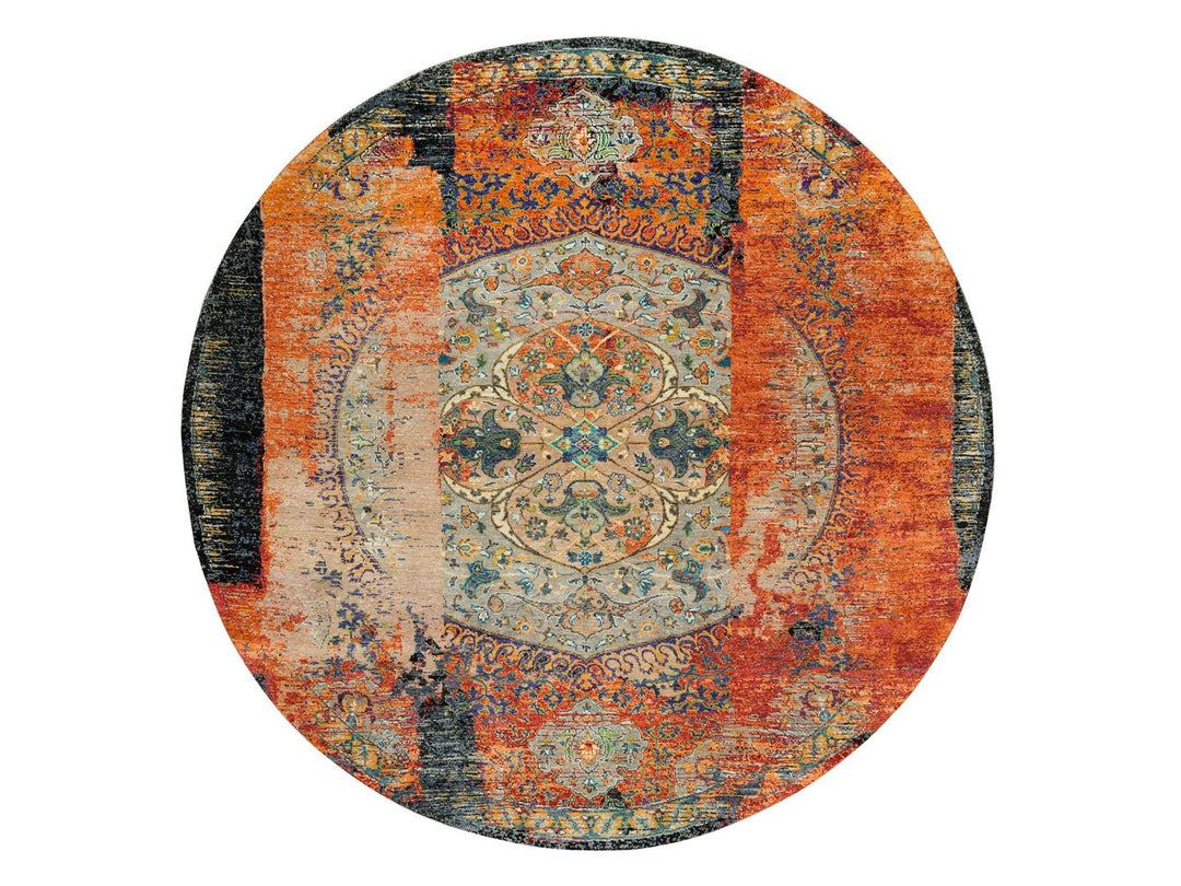 8'1" x 8'1" New Hand Knotted Orange Wool Round Oriental Rug - MOA10265919