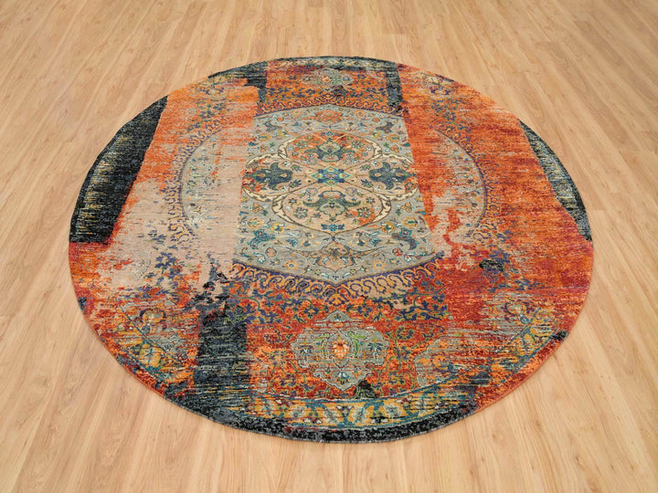 8'1" x 8'1" New Hand Knotted Orange Wool Round Oriental Rug - MOA10265919