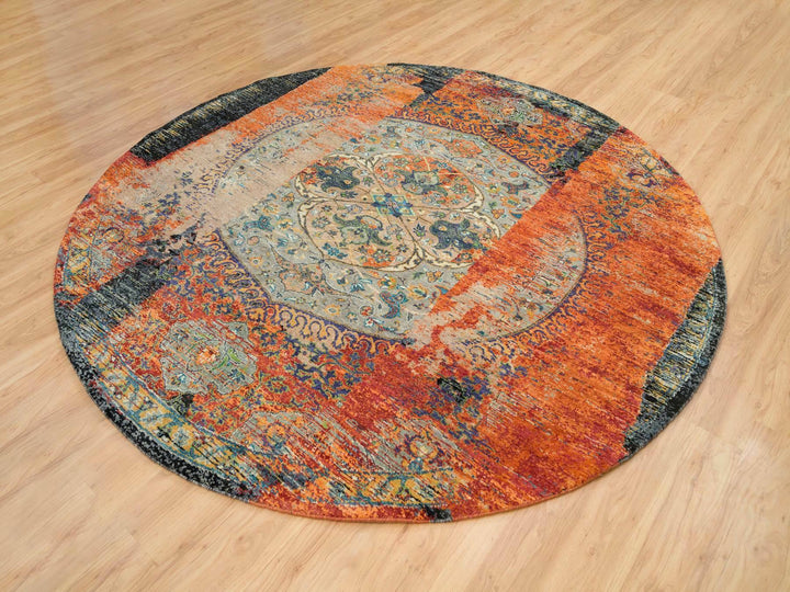 8'1" x 8'1" New Hand Knotted Orange Wool Round Oriental Rug - MOA10265919