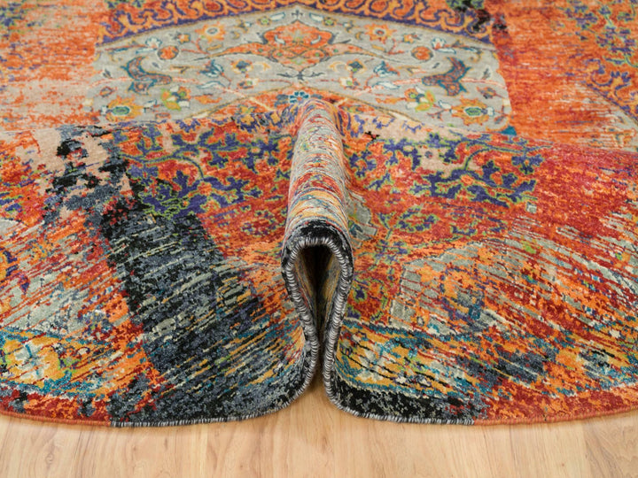 8'1" x 8'1" New Hand Knotted Orange Wool Round Oriental Rug - MOA10265919