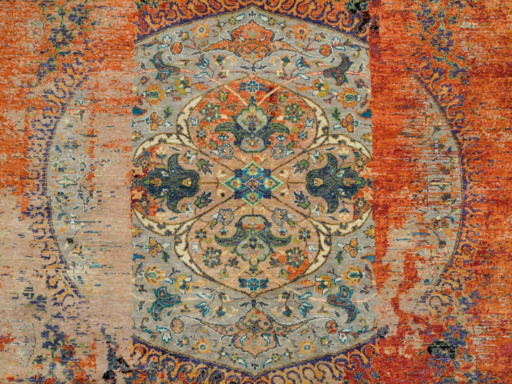 8'1" x 8'1" New Hand Knotted Orange Wool Round Oriental Rug - MOA10265919