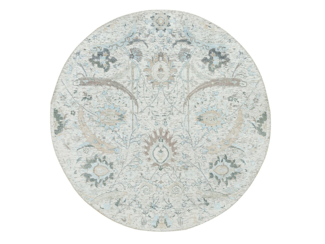5'0" x 5'0" New Hand Knotted Ivory Wool & Silk Round Oriental Rug - MOA10265934