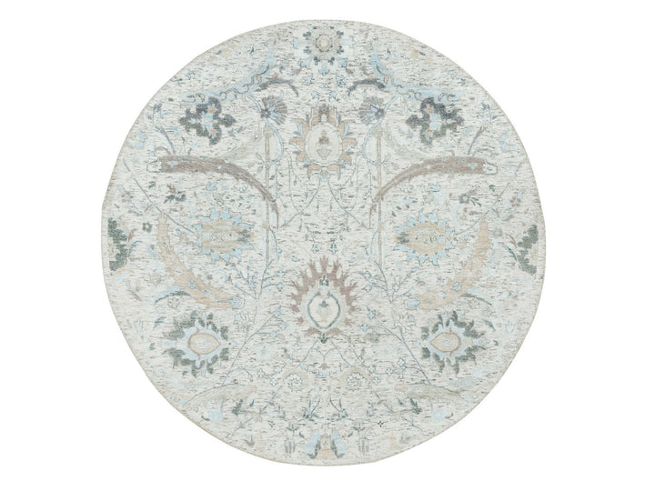5'0" x 5'0" New Hand Knotted Ivory Wool & Silk Round Oriental Rug - MOA10265934
