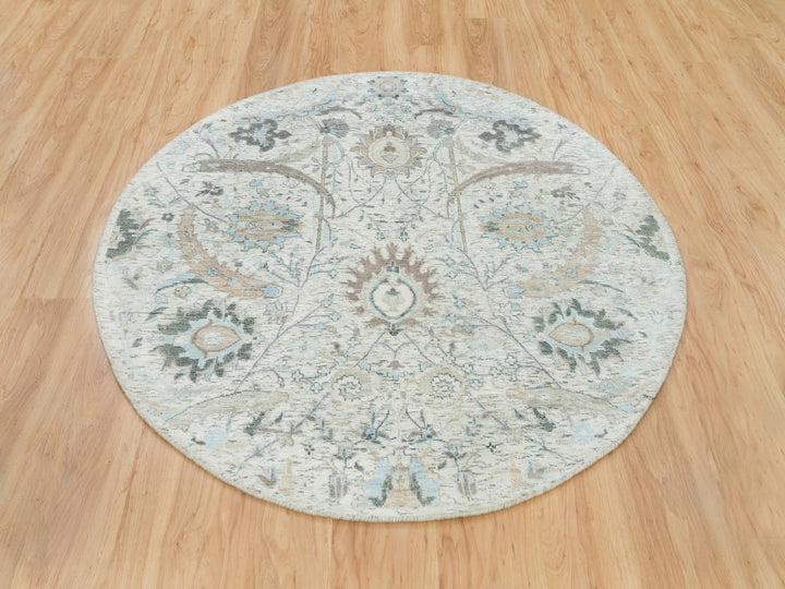 5'0" x 5'0" New Hand Knotted Ivory Wool & Silk Round Oriental Rug - MOA10265934