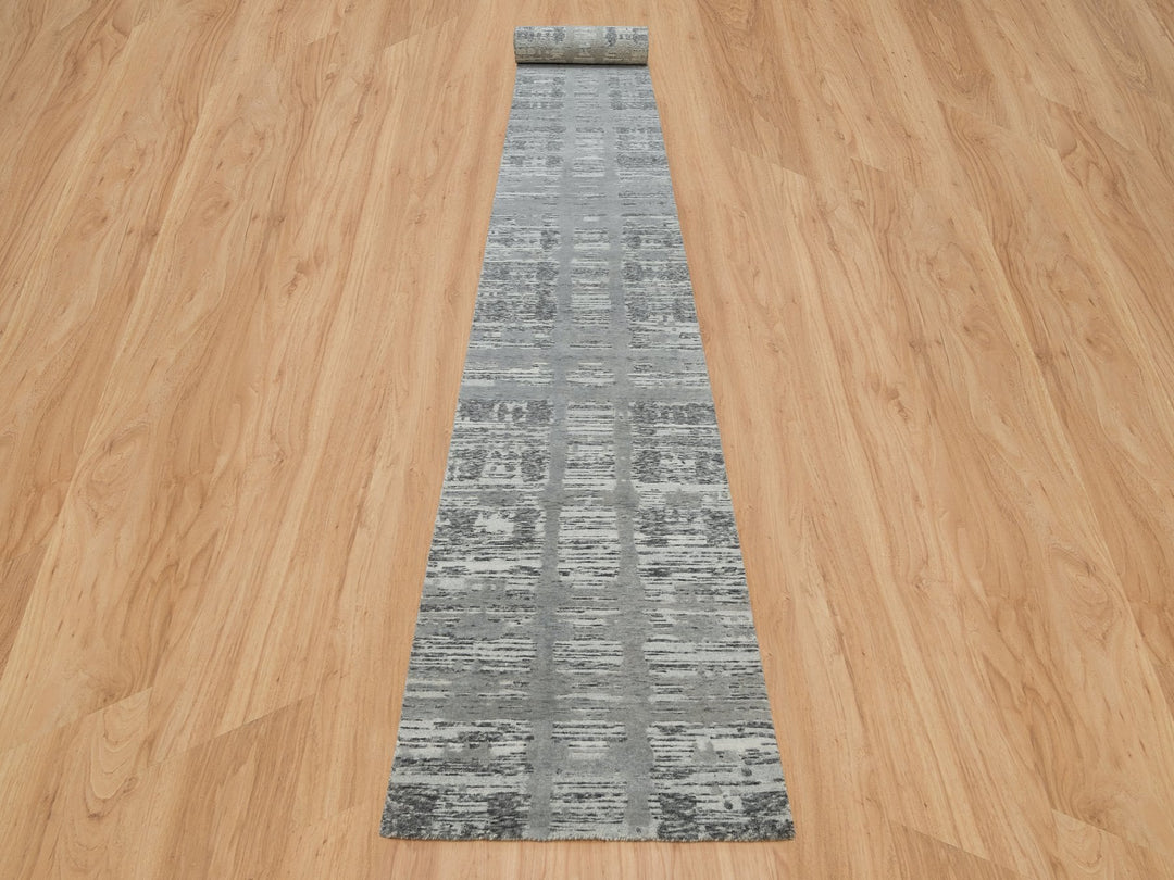 2'7" x 25'6" New Hand Knotted Grey Wool Runner Oriental Rug - MOA10265956