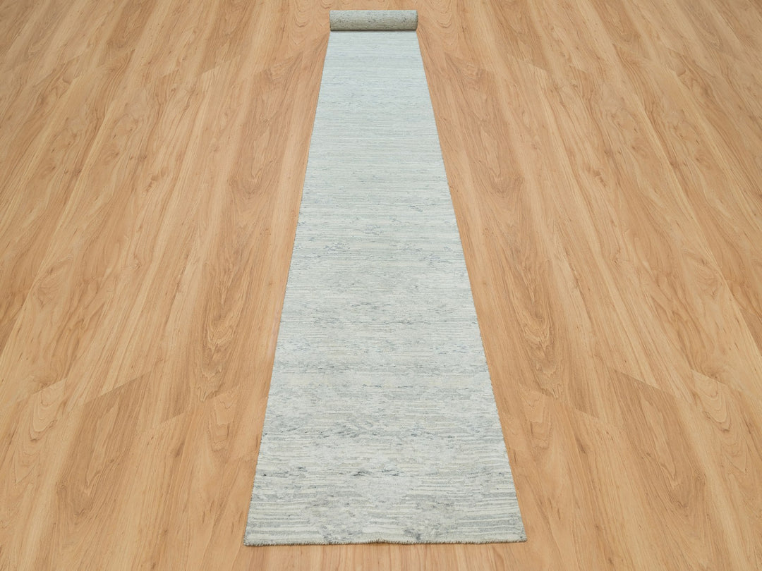2'7" x 22'0" New Hand Knotted Grey Wool Runner Oriental Rug - MOA10265957
