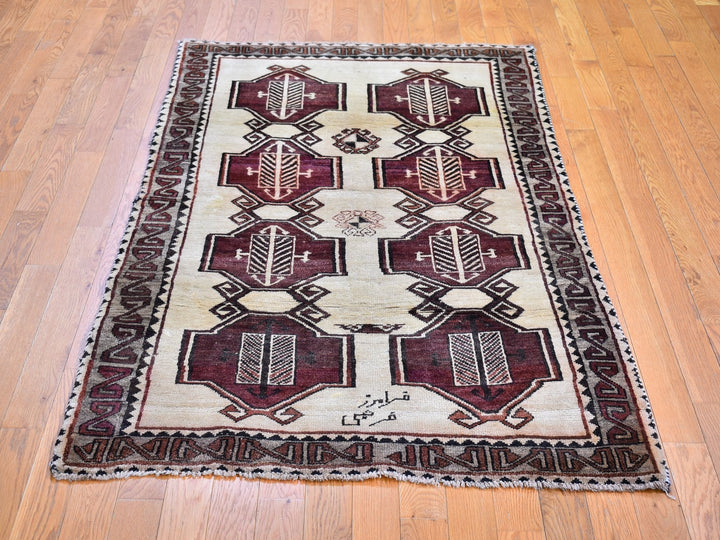 3'7" x 6'0" Vintage Hand Knotted Ivory Wool Rectangle Oriental Rug - MOA10266017