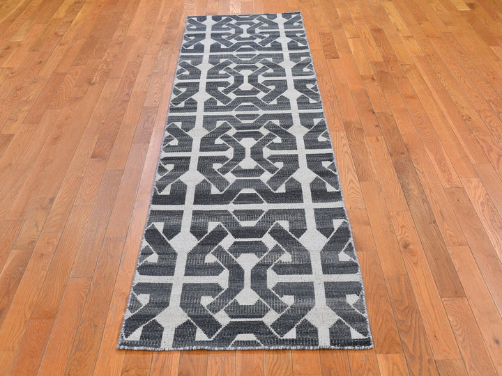 2'7" x 10'0" New Hand Woven Grey Wool Runner Oriental Rug - MOA10266089