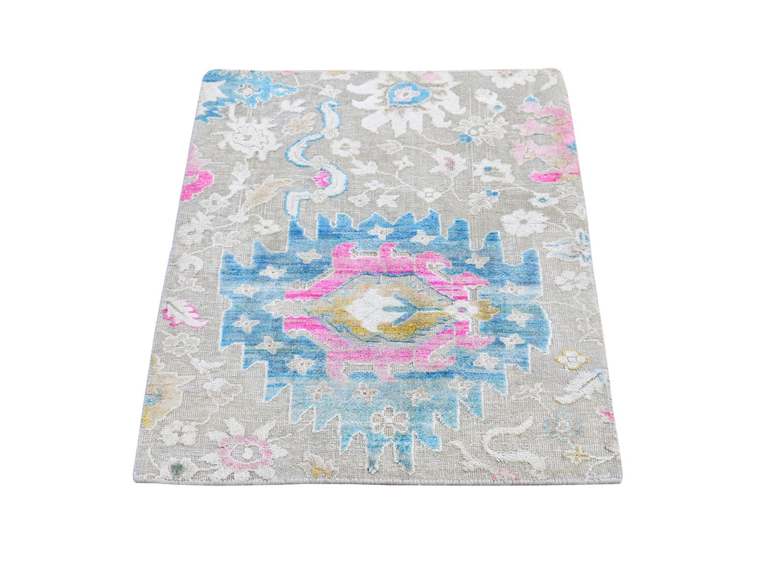 2'0" x 3'1" New Hand Knotted Grey Wool & Sari Silk Rectangle Oriental Rug - MOA10266145