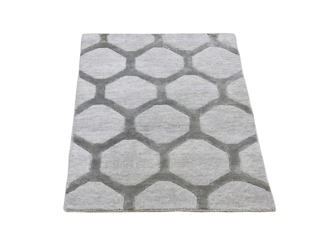 2'0" x 3'0" New Hand Knotted Grey Wool & Silk Rectangle Oriental Rug - MOA10266164
