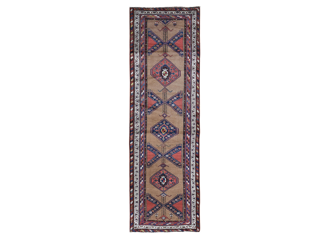 3'9" x 12'2" Vintage Hand Knotted Brown Wool Runner Oriental Rug - MOA10266185