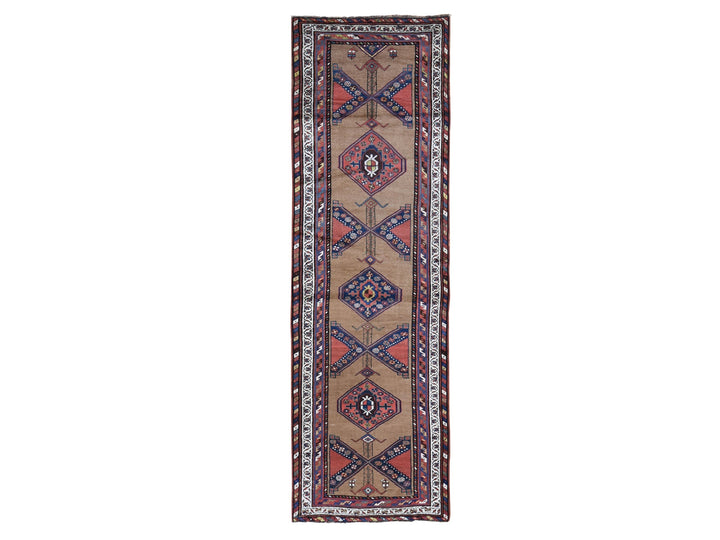 3'9" x 12'2" Vintage Hand Knotted Brown Wool Runner Oriental Rug - MOA10266185