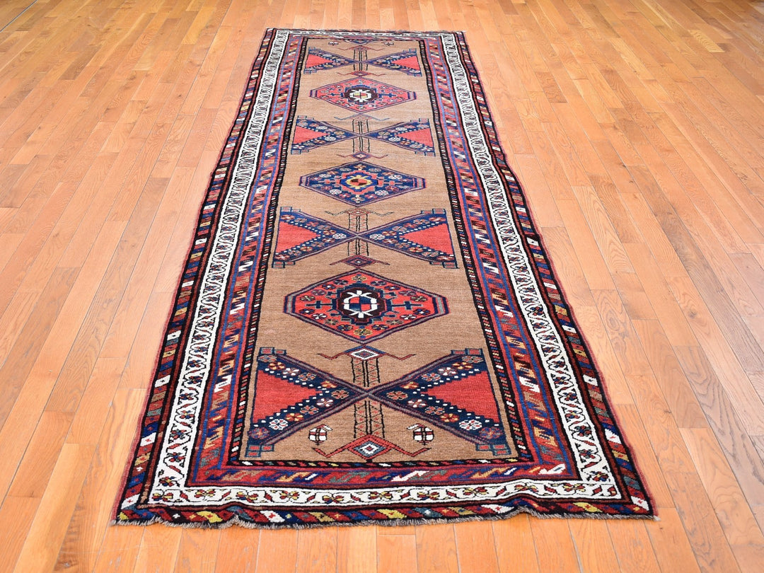 3'9" x 12'2" Vintage Hand Knotted Brown Wool Runner Oriental Rug - MOA10266185