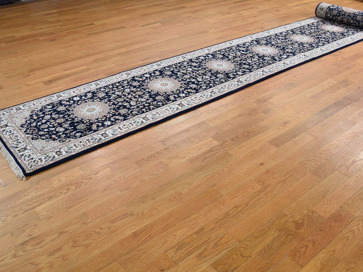 3'0" x 18'0" New Hand Knotted Blue Wool Runner Oriental Rug - MOA10266228