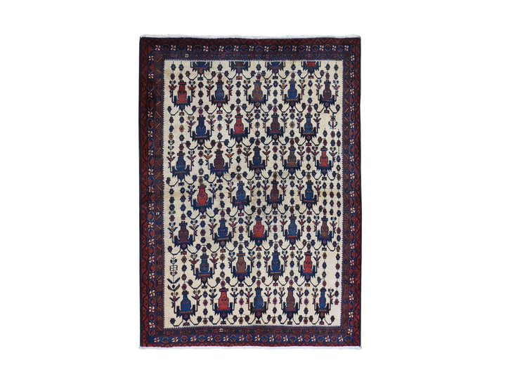 4'10" x 7'0" Vintage Hand Knotted Ivory Wool Rectangle Oriental Rug - MOA10266315