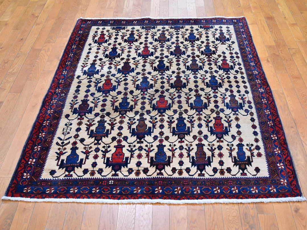 4'10" x 7'0" Vintage Hand Knotted Ivory Wool Rectangle Oriental Rug - MOA10266315