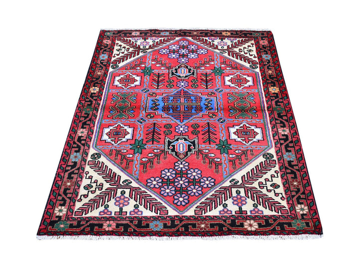 3'8" x 5'3" Vintage Hand Knotted Red Wool Rectangle Oriental Rug - MOA10266345