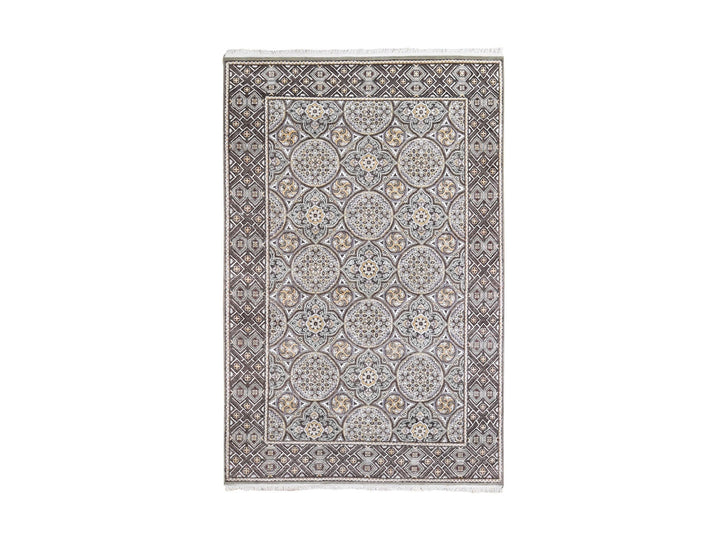 6'2" x 9'3" New Hand Knotted Brown Wool & Silk Rectangle Oriental Rug - MOA10266352