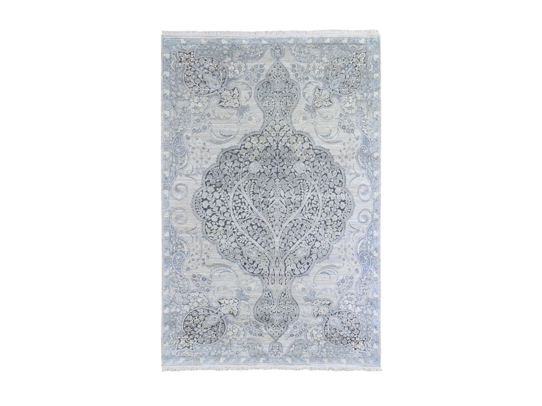 6'0" x 9'2" New Hand Knotted Ivory Wool & Silk Rectangle Oriental Rug - MOA10266355